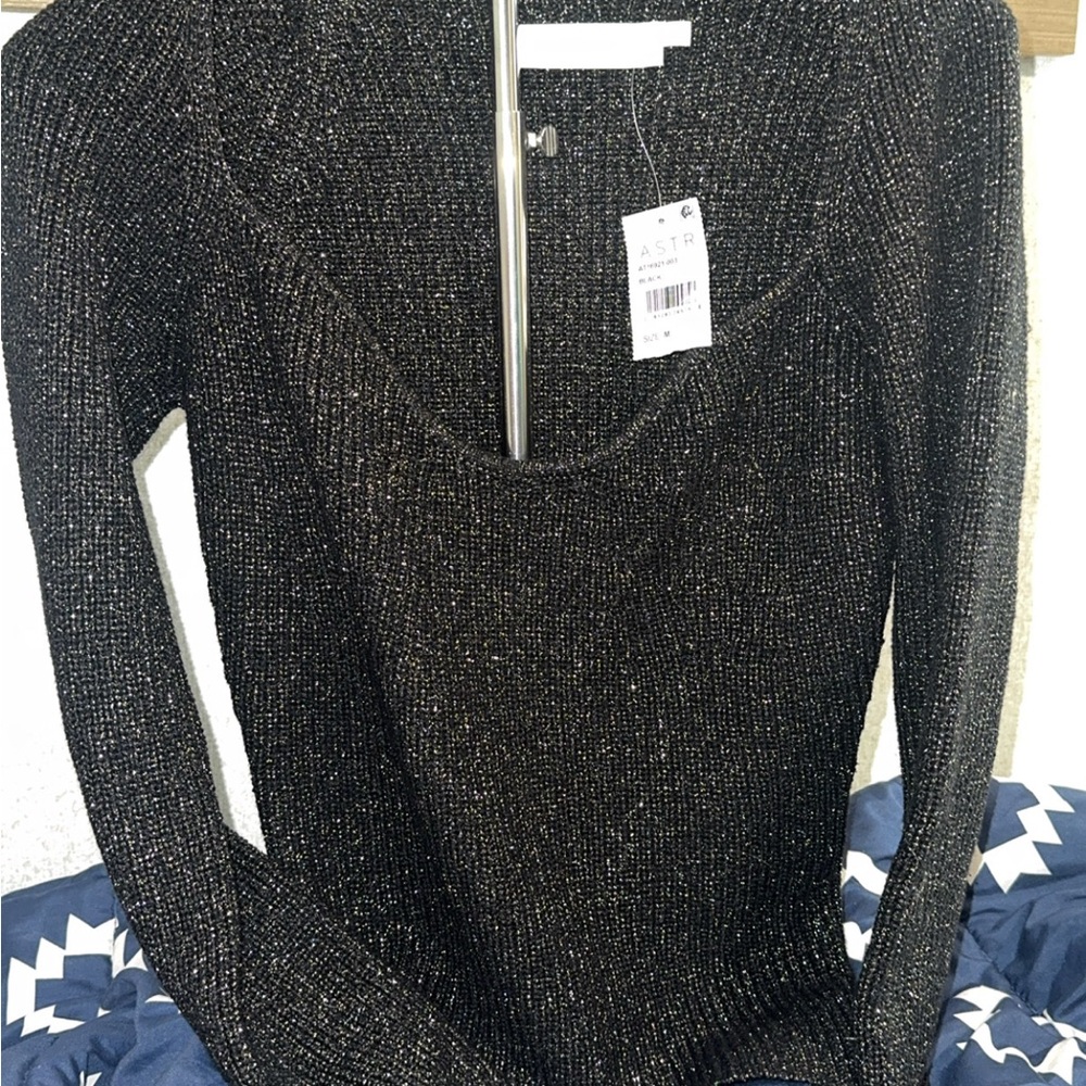 Astr Black V-Neck Sweater with Metallic Shimmer